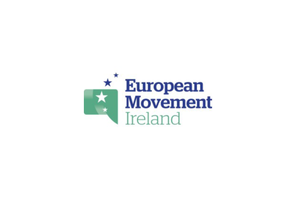 Logo of European Movement Ireland featuring a green speech bubble with two white starts inside and two blue stars outside. The text 'European Movement Ireland' is displayed next to the speech bubble, with 'European Movement' in blue and 'Ireland' in green.